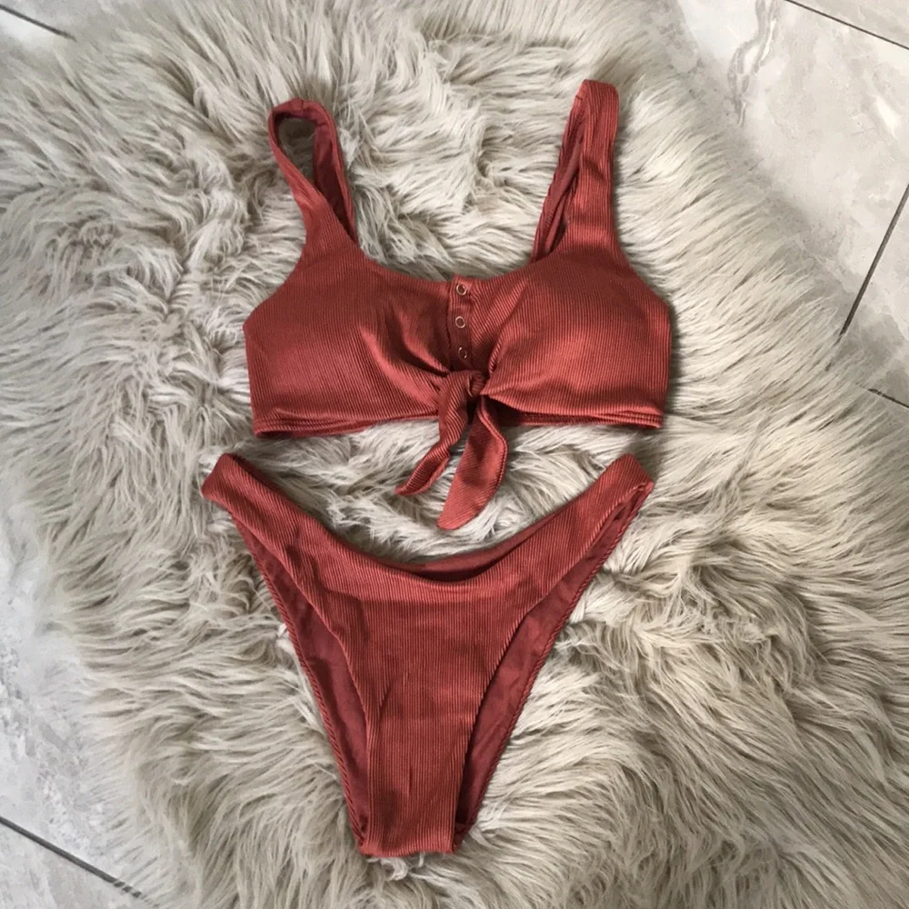 BROWN Ribbed Tie Front Bikini Set | S